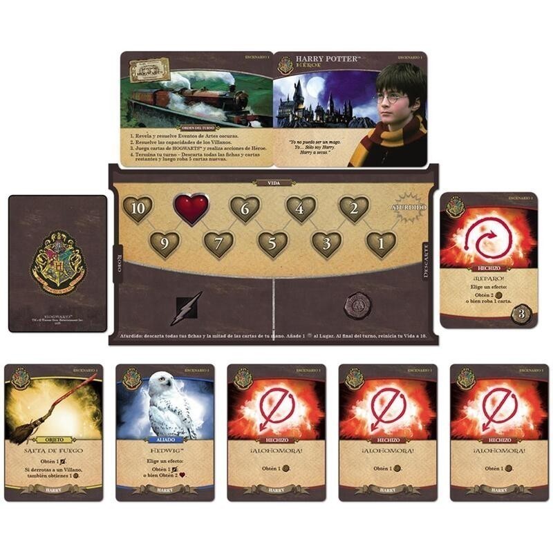 Componentes del juego de mesa de construcción de mazos harry potter hogwarts battle de asmodee