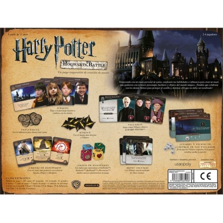Back of the box of the Harry Potter: Hogwarts Battle deck-building board game by Asmodee.