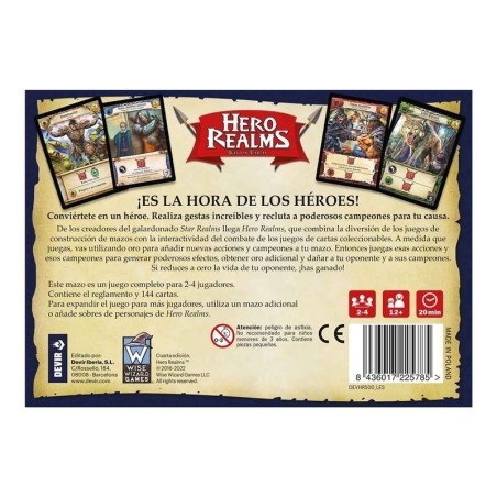 trasera de la caja del juego de construccion de mazos hero realms de devir