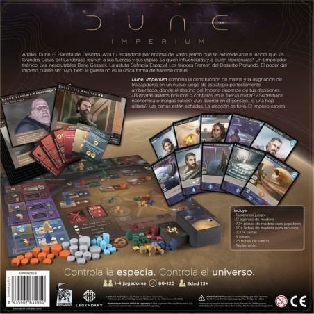 trasera de la caja del juego de construccion de mazos y eurogame dune imperium de asmodee