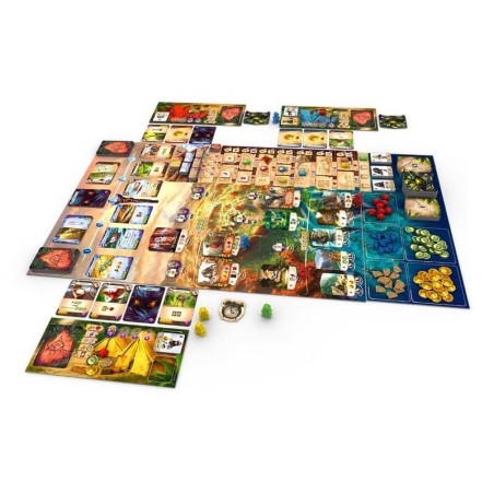 Board and components of the Lost Ruins of Arnak deck-building and exploration board game by Devir.