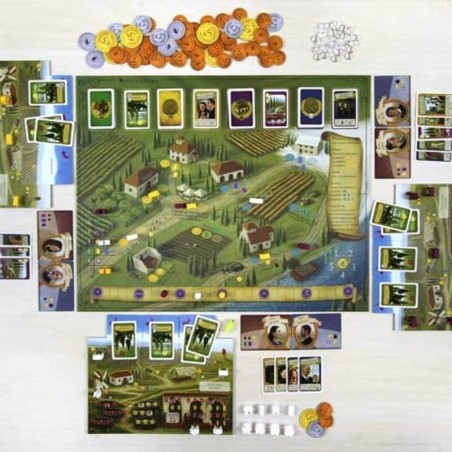 Components of the Viticulture Essential Edition worker placement board game by Maldito Games.