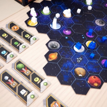 Components of the Gaia Project advanced strategy board game by Maldito Games.