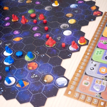 Components of the Gaia Project advanced strategy board game by Maldito Games.
