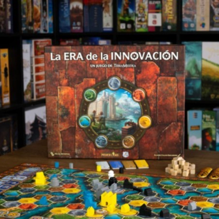 caja y componentes del juego de estrategia avanzado la era de la innovación de maldito games