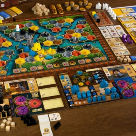Components of the Age of Innovation advanced strategy board game by Maldito Games.