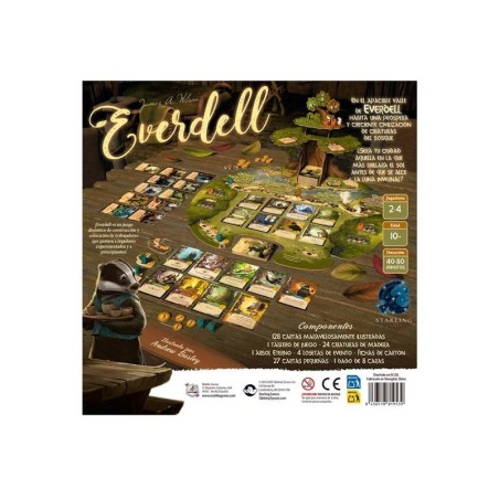 Trasera de la caja del juego de mesa tipo engine building everdell de maldito games
