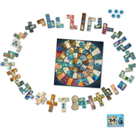 Components of the Patchwork abstract tile-placement board game by Asmodee.
