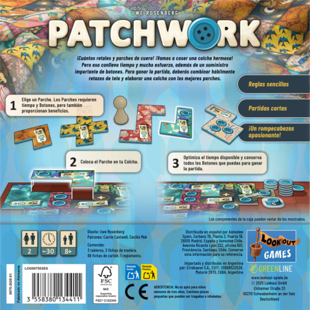Back of the box of the Patchwork abstract tile-placement board game by Asmodee.