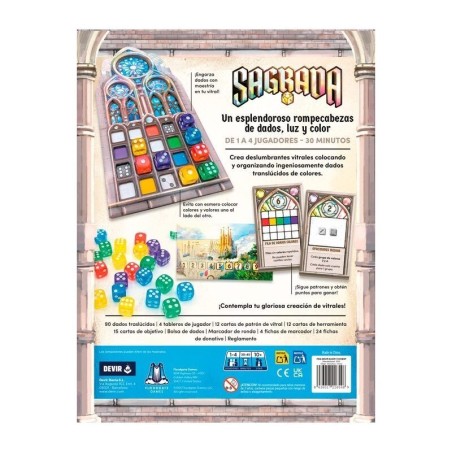 trasera de la caja del juego de mesa abstracto de colocación de dados sagrada de devir