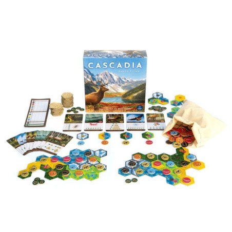 componentes del juego de mesa abstracto de colocación de losetas cascadia de delirium games
