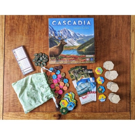componentes del juego de mesa abstracto de colocación de losetas cascadia de delirium games