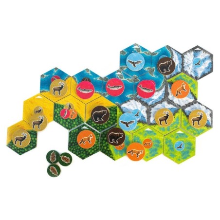 componentes del juego de mesa abstracto de colocación de losetas cascadia de delirium games