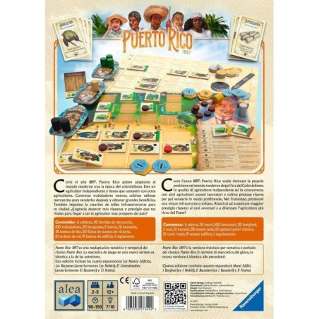 Back of the box of the Puerto Rico 1897 resource management board game by Ravensburger.