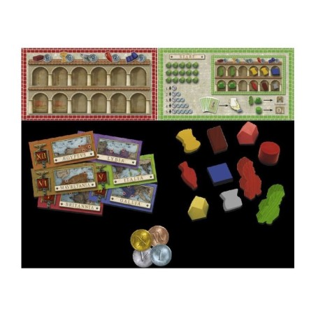 Components of the Concordia strategy and trading board game by MasQueOca.