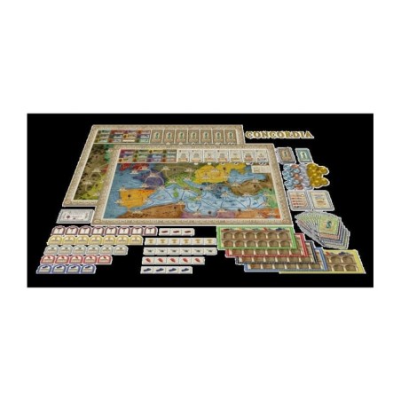 tablero y componentes del juego de mesa de estrategia y comercio concordia de masqueoca