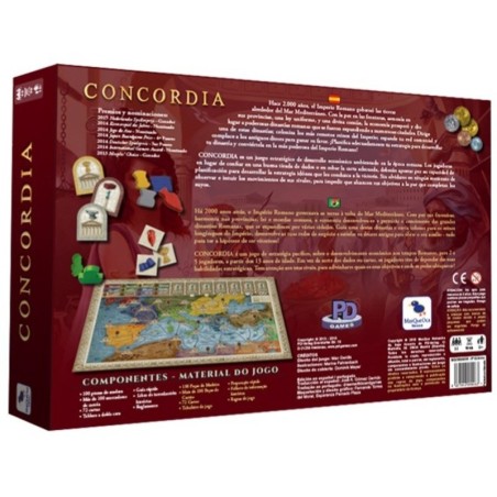 Back of the box of the Concordia strategy and trading board game by MasQueOca
