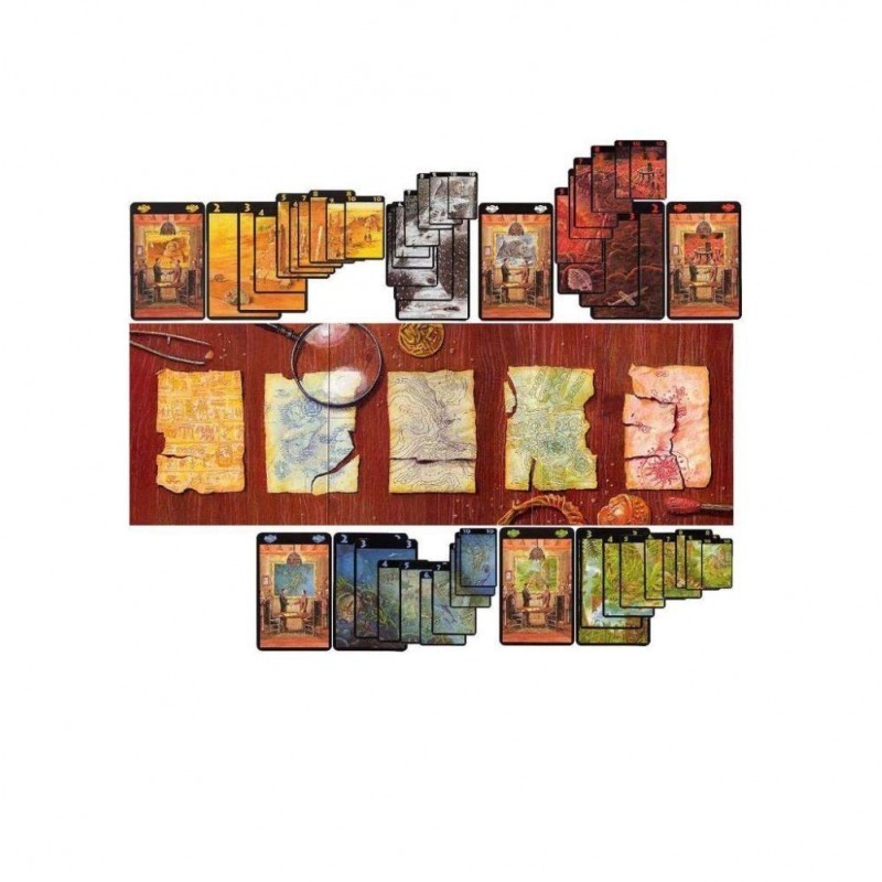 Components of the Lost Cities two-player board game by Devir.