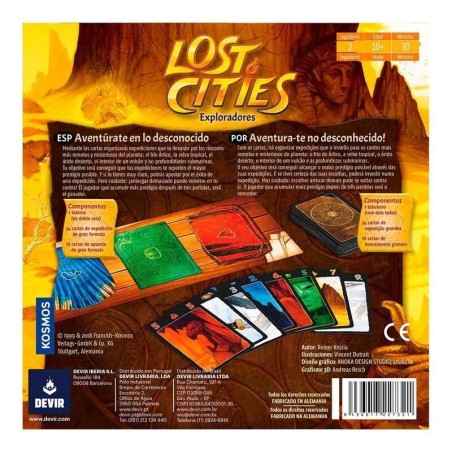 trasera de la caja del juego de mesa de dos jugadores lost cities de devir