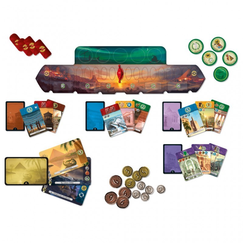 componentes del juego de mesa de dos jugadores 7 wonders duel de repos production