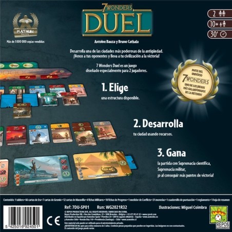 trasera de la caja del juego de mesa para dos jugadores 7 wonders duel de repos production