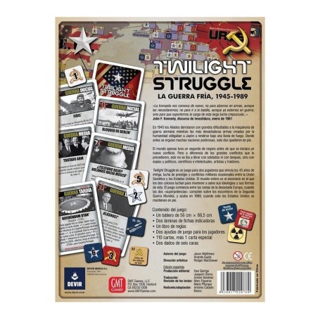 Back of the box of the Twilight Struggle two-player board game by Devir.