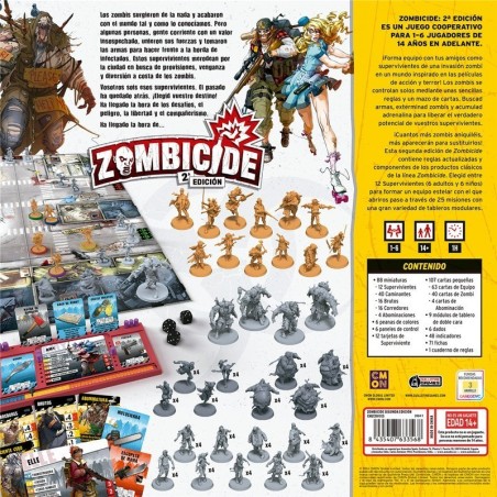 Back of the box of the Zombicide Second Edition cooperative zombie board game by CMON - Asmodee.