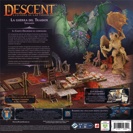 trasera de la caja del juego de mesa cooperativo descent leyendas de las tinieblas de fantasy flight games