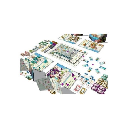 Components of the Small City city-building board game by AV Studio.