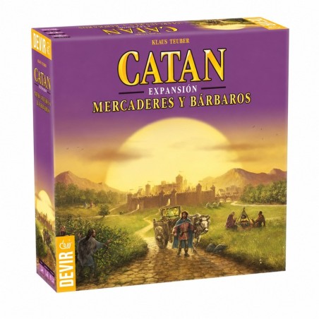 caja del juego de mesa familiar catan mercaderes y barbaros de devir