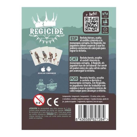 trasera de la caja del juego de cartas cooperativo regicide de devir - comprar en el taller del modelista
