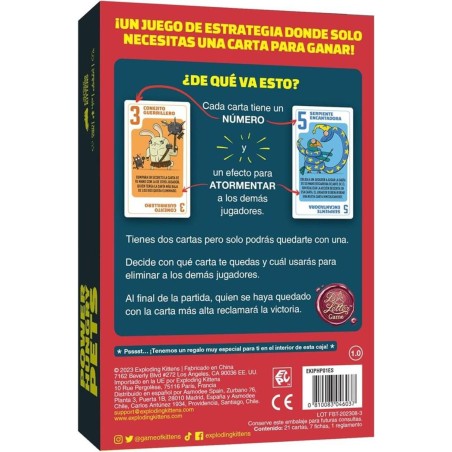 trasera de la caja del juego de cartas power hungry pets de exploding kittens - comprar en el taller del modelista