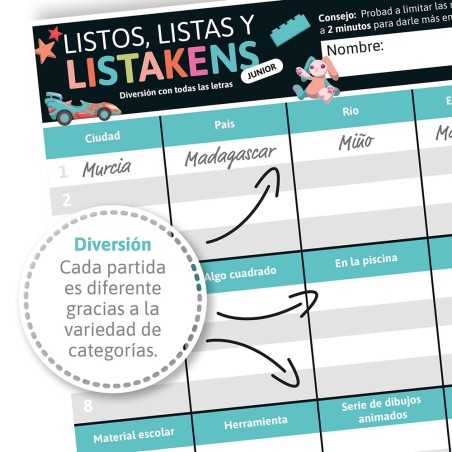 Juego de palabras Listos, listas y listakens junior.